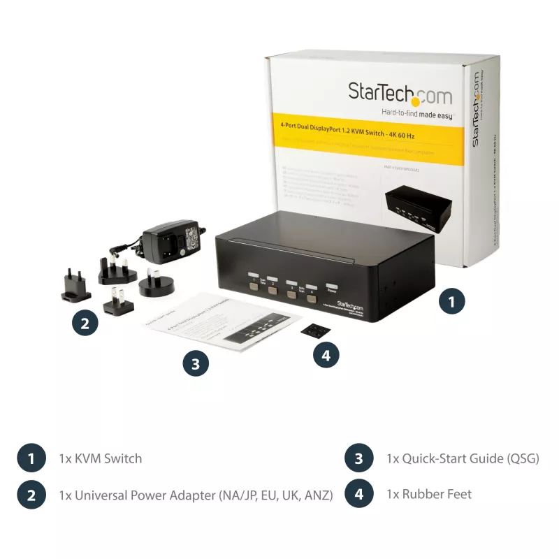StarTech.com 4 prievadų dvigubas DisplayPort KVM jungiklis - 4K 60Hz, 3840 x 2160 pikselių, 4K Ultra HD, montavimas į stovą, 18 W, 2U, juodas
