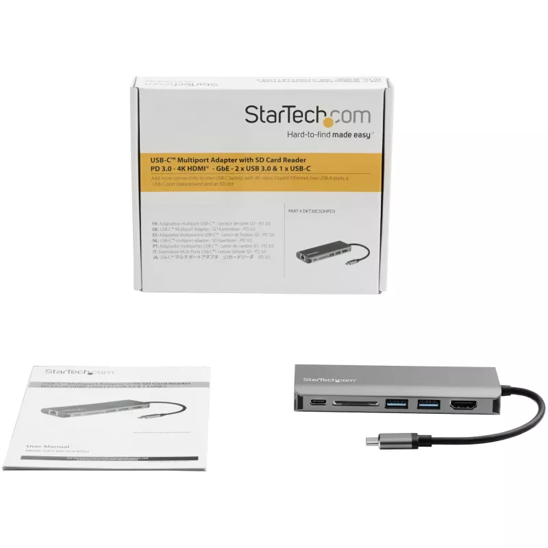 StarTech.com USB C daugiafunkcis adapteris - USB-C kelioninis dokas su 4K HDMI, 3x USB 3.0 šakotuvas, SD/SDHC, GbE, 60W PD 3.0 pralaidumas - USB Type-C/Thunderbolt 3 - pakeičia DKT30CSDHPD