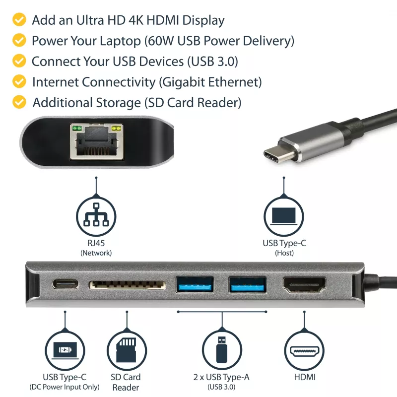 StarTech.com USB C daugiafunkcis adapteris - USB-C kelioninis dokas su 4K HDMI, 3x USB 3.0 šakotuvas, SD/SDHC, GbE, 60W PD 3.0 pralaidumas - USB Type-C/Thunderbolt 3 - pakeičia DKT30CSDHPD