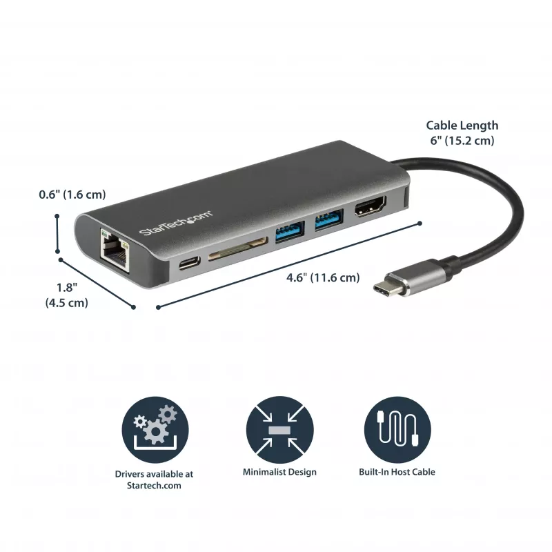 StarTech.com USB C daugiafunkcis adapteris - USB-C kelioninis dokas su 4K HDMI, 3x USB 3.0 šakotuvas, SD/SDHC, GbE, 60W PD 3.0 pralaidumas - USB Type-C/Thunderbolt 3 - pakeičia DKT30CSDHPD