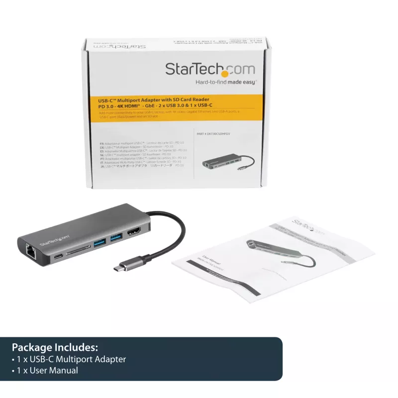 StarTech.com USB C daugiafunkcis adapteris - USB-C kelioninis dokas su 4K HDMI, 3x USB 3.0 šakotuvas, SD/SDHC, GbE, 60W PD 3.0 pralaidumas - USB Type-C/Thunderbolt 3 - pakeičia DKT30CSDHPD