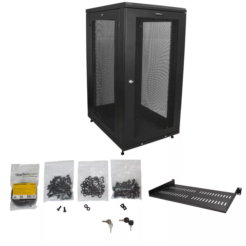 “StarTech.com” 4 stulpų 24U serverių spinta, rakinama 19 colių duomenų spinta kompiuterinei / AV / IT įrangai, biuro / namų tinklo spinta su ratukais ir reguliuojamais tvirtinimo bėgiais