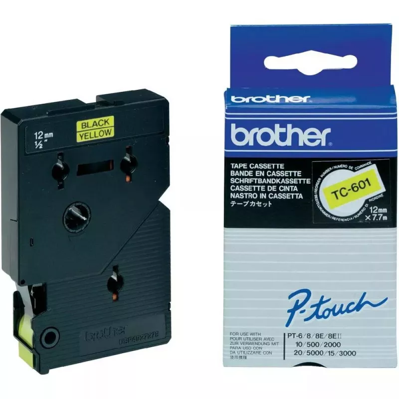 Žymėjimo juosta Brother TC601 12 mm juoda ant geltonos