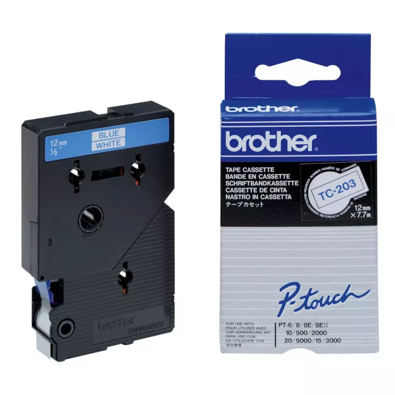 Ženklinimo juosta 12 mm Brother TC203 mėlyna ant balto