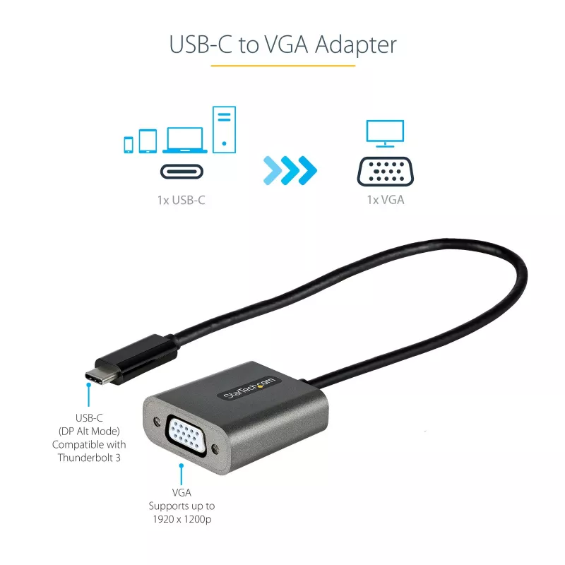 StarTech.com USB-C į VGA adapteris - 1080p USB Type-C į VGA adapterio dongle - USB-C (DP Alt Mode) į VGA monitoriaus/ekrano vaizdo keitiklis - Thunderbolt 3 suderinamas - 12 colių ilgio pritvirtintas laidas - Atnaujinta CDP2VGA versija