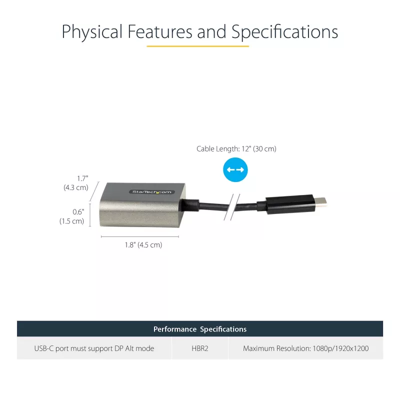StarTech.com USB-C į VGA adapteris - 1080p USB Type-C į VGA adapterio dongle - USB-C (DP Alt Mode) į VGA monitoriaus/ekrano vaizdo keitiklis - Thunderbolt 3 suderinamas - 12 colių ilgio pritvirtintas laidas - Atnaujinta CDP2VGA versija