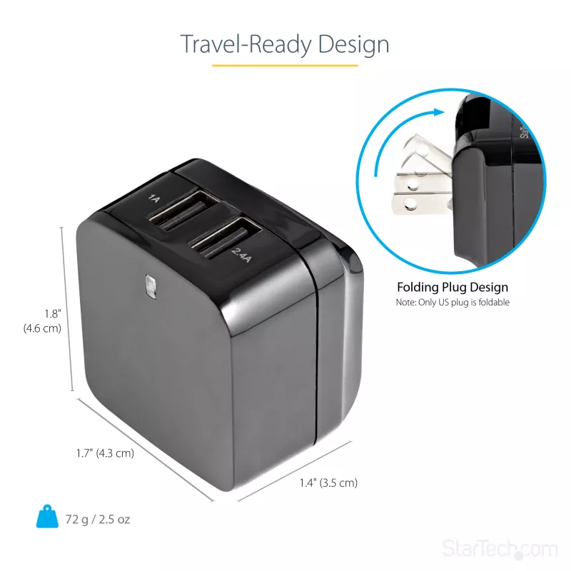 StarTech.com dviejų prievadų USB sieninis įkroviklis - tarptautinėms kelionėms - 17W/3,4A - juodas