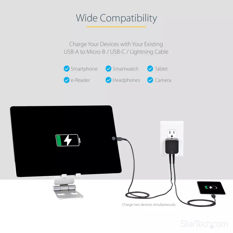 StarTech.com dviejų prievadų USB sieninis įkroviklis - tarptautinėms kelionėms - 17W/3,4A - juodas