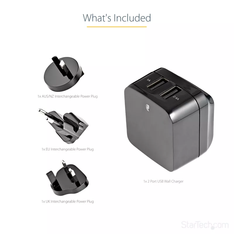 StarTech.com dviejų prievadų USB sieninis įkroviklis - tarptautinėms kelionėms - 17W/3,4A - juodas