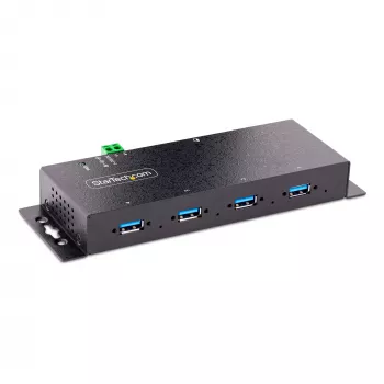 StarTech.com 4 prievadų pramoninis USB 3.0 5 Gbps šakotuvas, patikimas USB šakotuvas su ESD apsauga, DIN/sienos/stalo montavimo USB-A šakotuvas, USB plėtiklis su fiksuojamais prievadais, tvirtas – TAA