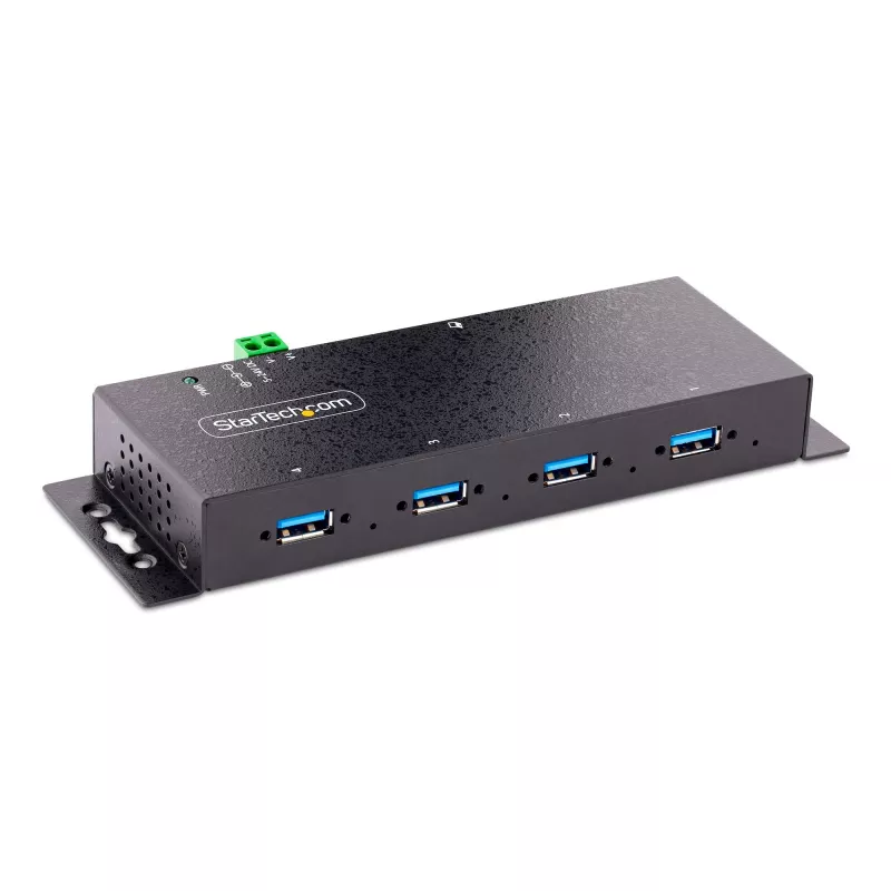 StarTech.com 4 prievadų pramoninis USB 3.0 5 Gbps šakotuvas, patikimas USB šakotuvas su ESD apsauga, DIN/sienos/stalo montavimo USB-A šakotuvas, USB plėtiklis su fiksuojamais prievadais, tvirtas – TAA