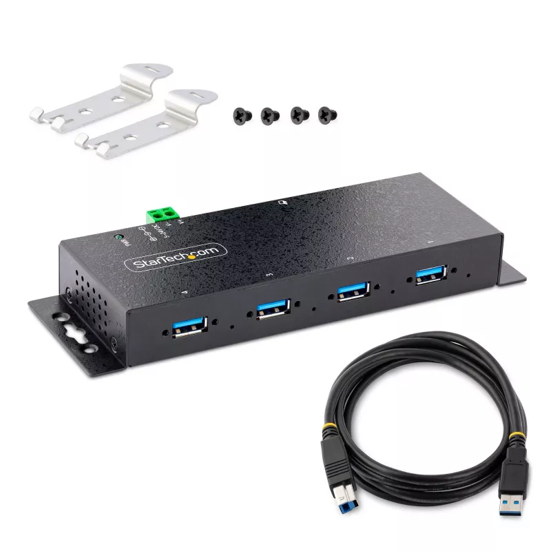StarTech.com 4 prievadų pramoninis USB 3.0 5 Gbps šakotuvas, patikimas USB šakotuvas su ESD apsauga, DIN/sienos/stalo montavimo USB-A šakotuvas, USB plėtiklis su fiksuojamais prievadais, tvirtas – TAA