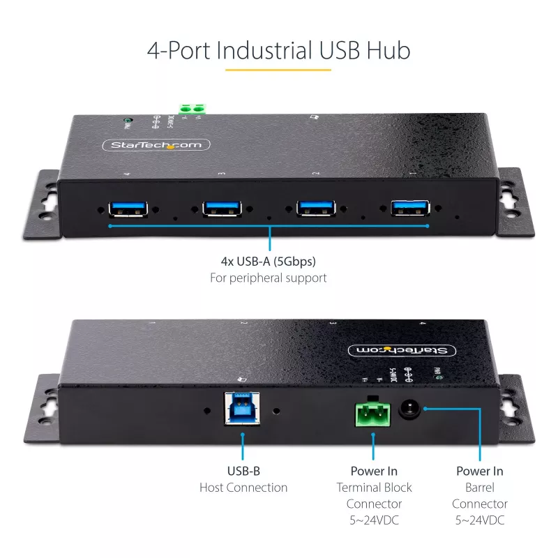 StarTech.com 4 prievadų pramoninis USB 3.0 5 Gbps šakotuvas, patikimas USB šakotuvas su ESD apsauga, DIN/sienos/stalo montavimo USB-A šakotuvas, USB plėtiklis su fiksuojamais prievadais, tvirtas – TAA