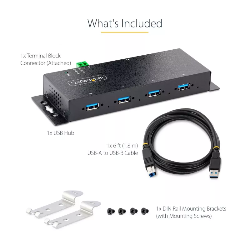 StarTech.com 4 prievadų pramoninis USB 3.0 5 Gbps šakotuvas, patikimas USB šakotuvas su ESD apsauga, DIN/sienos/stalo montavimo USB-A šakotuvas, USB plėtiklis su fiksuojamais prievadais, tvirtas – TAA