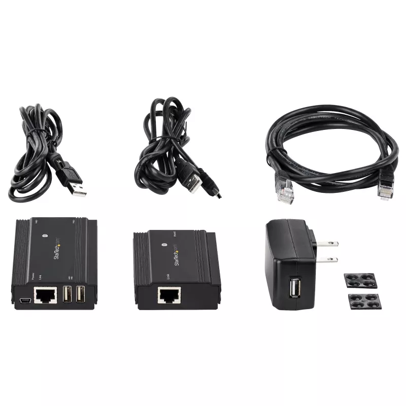 „StarTech.com“ 4 prievadų USB 2.0 ilginimo šakotuvas per vieną CAT5e/CAT6 Ethernet kabelį (RJ45) – 330 pėdų (100 m) – USB ilginimo šakotuvo adapterio rinkinys – metalinis korpusas – maitinamas išoriniu maitinimo šaltiniu – 480 Mb/s
