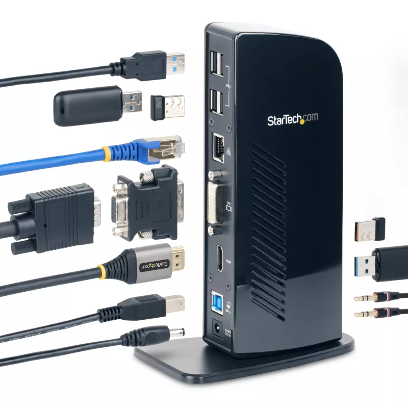StarTech.com dvigubo monitoriaus USB 3.0 prijungimo stotelė su HDMI - DVI - 6 USB prievadais~Dvigubo monitoriaus USB 3.0 nešiojamojo kompiuterio prijungimo stotelė su HDMI ir DVI/VGA, 6x USB-A šakotuvu, GbE, garsu, universali Type-A stotelė – Windows/macOS/ChromeOS