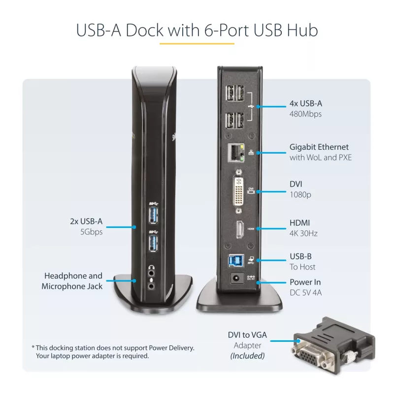 StarTech.com dvigubo monitoriaus USB 3.0 prijungimo stotelė su HDMI - DVI - 6 USB prievadais~Dvigubo monitoriaus USB 3.0 nešiojamojo kompiuterio prijungimo stotelė su HDMI ir DVI/VGA, 6x USB-A šakotuvu, GbE, garsu, universali Type-A stotelė – Windows/macOS/ChromeOS