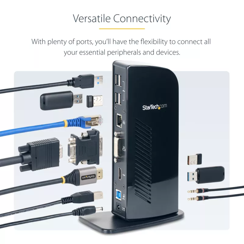 StarTech.com dvigubo monitoriaus USB 3.0 prijungimo stotelė su HDMI - DVI - 6 USB prievadais~Dvigubo monitoriaus USB 3.0 nešiojamojo kompiuterio prijungimo stotelė su HDMI ir DVI/VGA, 6x USB-A šakotuvu, GbE, garsu, universali Type-A stotelė – Windows/macOS/ChromeOS