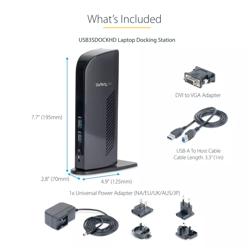 StarTech.com dvigubo monitoriaus USB 3.0 prijungimo stotelė su HDMI - DVI - 6 USB prievadais~Dvigubo monitoriaus USB 3.0 nešiojamojo kompiuterio prijungimo stotelė su HDMI ir DVI/VGA, 6x USB-A šakotuvu, GbE, garsu, universali Type-A stotelė – Windows/macOS/ChromeOS