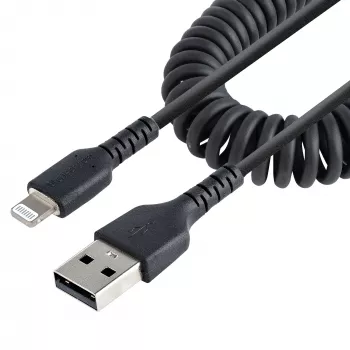 StarTech.com 50cm (20in) USB į Lightning kabelis, MFi sertifikuotas, spiralinis iPhone įkrovimo kabelis, juodas, patvarus TPE apvalkalas su aramidiniu pluoštu, sustiprintas spiralinis Lightning kabelis