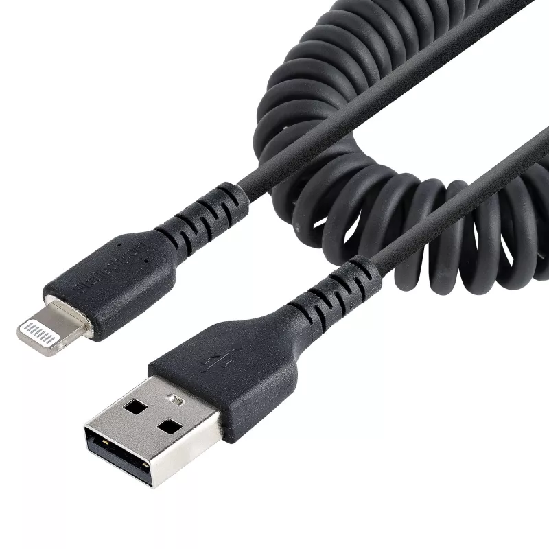 StarTech.com 50cm (20in) USB į Lightning kabelis, MFi sertifikuotas, spiralinis iPhone įkrovimo kabelis, juodas, patvarus TPE apvalkalas su aramidiniu pluoštu, sustiprintas spiralinis Lightning kabelis