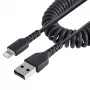 StarTech.com 50cm (20in) USB į Lightning kabelis, MFi sertifikuotas, spiralinis iPhone įkrovimo kabelis, juodas, patvarus TPE apvalkalas su aramidiniu pluoštu, sustiprintas spiralinis Lightning kabelis