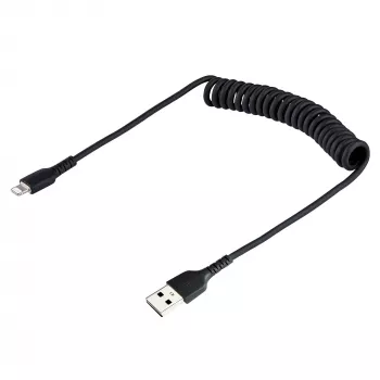 StarTech.com 50cm (20in) USB į Lightning kabelis, MFi sertifikuotas, spiralinis iPhone įkrovimo kabelis, juodas, patvarus TPE apvalkalas su aramidiniu pluoštu, sustiprintas spiralinis Lightning kabelis