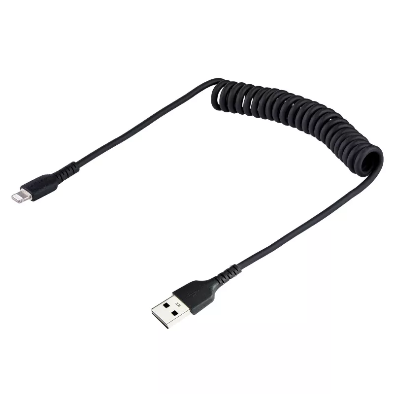 StarTech.com 50cm (20in) USB į Lightning kabelis, MFi sertifikuotas, spiralinis iPhone įkrovimo kabelis, juodas, patvarus TPE apvalkalas su aramidiniu pluoštu, sustiprintas spiralinis Lightning kabelis