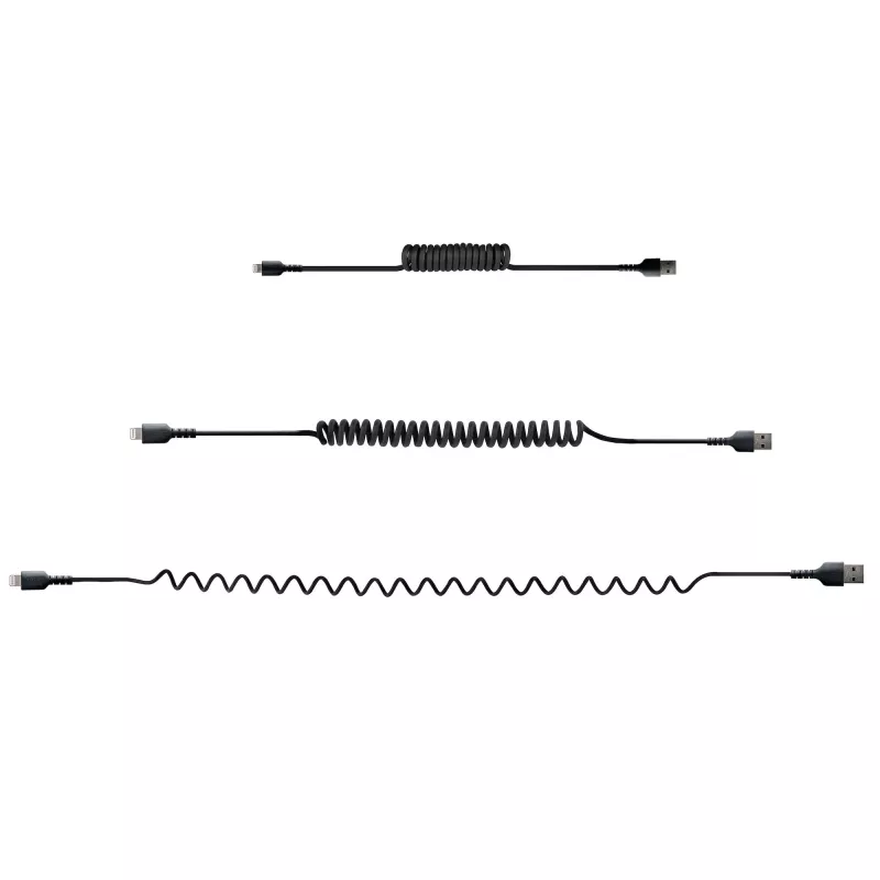 StarTech.com 50cm (20in) USB į Lightning kabelis, MFi sertifikuotas, spiralinis iPhone įkrovimo kabelis, juodas, patvarus TPE apvalkalas su aramidiniu pluoštu, sustiprintas spiralinis Lightning kabelis