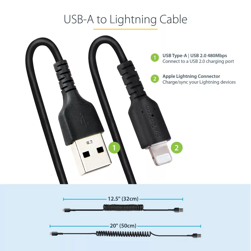 StarTech.com 50cm (20in) USB į Lightning kabelis, MFi sertifikuotas, spiralinis iPhone įkrovimo kabelis, juodas, patvarus TPE apvalkalas su aramidiniu pluoštu, sustiprintas spiralinis Lightning kabelis