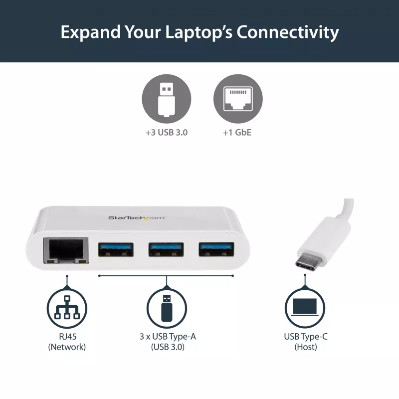 “StarTech.com” 3 prievadų USB-C šakotuvas su Gigabit Ethernet – USB-C į 3x USB-A – USB 3.0 šakotuvas – baltas~3 prievadų USB-C šakotuvas su Gigabit Ethernet – USB-C į 3x USB-A – USB 3.0 šakotuvas – 5 Gbps – baltas