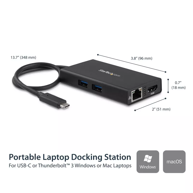 StarTech.com USB-C kelių prievadų adapteris – USB-C kelioninė prijungimo stotelė su 4K HDMI – 60 W maitinimo perdavimas, GbE, 2 prievadų USB-A 3.0 šakotuvas – nešiojama mini USB Type-C dokas nešiojamam kompiuteriui