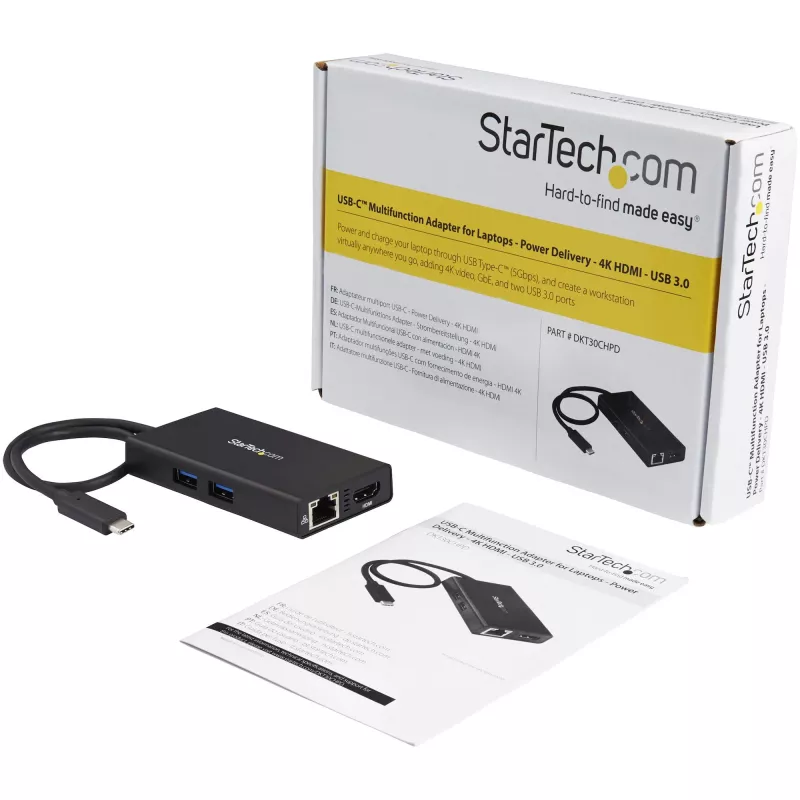 StarTech.com USB-C kelių prievadų adapteris – USB-C kelioninė prijungimo stotelė su 4K HDMI – 60 W maitinimo perdavimas, GbE, 2 prievadų USB-A 3.0 šakotuvas – nešiojama mini USB Type-C dokas nešiojamam kompiuteriui