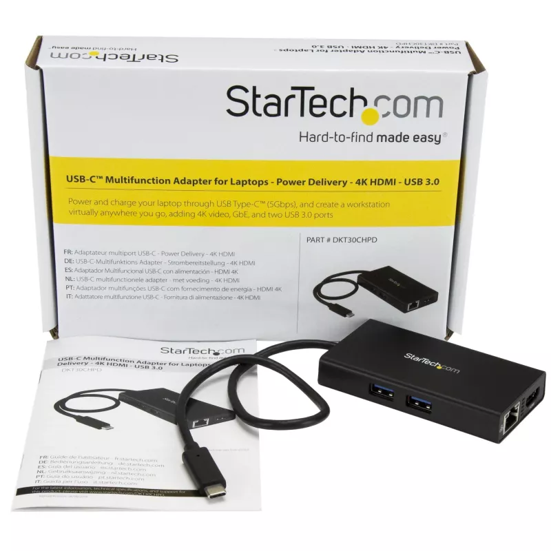 StarTech.com USB-C kelių prievadų adapteris – USB-C kelioninė prijungimo stotelė su 4K HDMI – 60 W maitinimo perdavimas, GbE, 2 prievadų USB-A 3.0 šakotuvas – nešiojama mini USB Type-C dokas nešiojamam kompiuteriui
