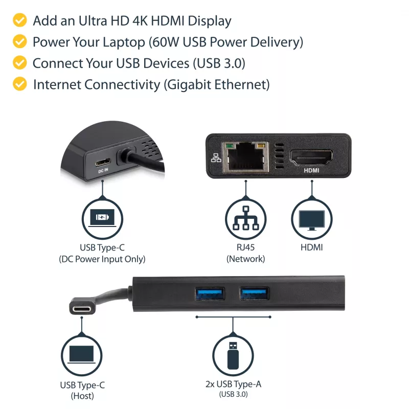 StarTech.com USB-C kelių prievadų adapteris – USB-C kelioninė prijungimo stotelė su 4K HDMI – 60 W maitinimo perdavimas, GbE, 2 prievadų USB-A 3.0 šakotuvas – nešiojama mini USB Type-C dokas nešiojamam kompiuteriui
