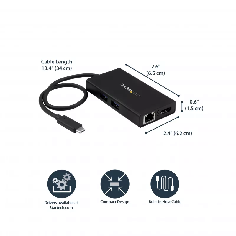 StarTech.com USB-C kelių prievadų adapteris – USB-C kelioninė prijungimo stotelė su 4K HDMI – 60 W maitinimo perdavimas, GbE, 2 prievadų USB-A 3.0 šakotuvas – nešiojama mini USB Type-C dokas nešiojamam kompiuteriui