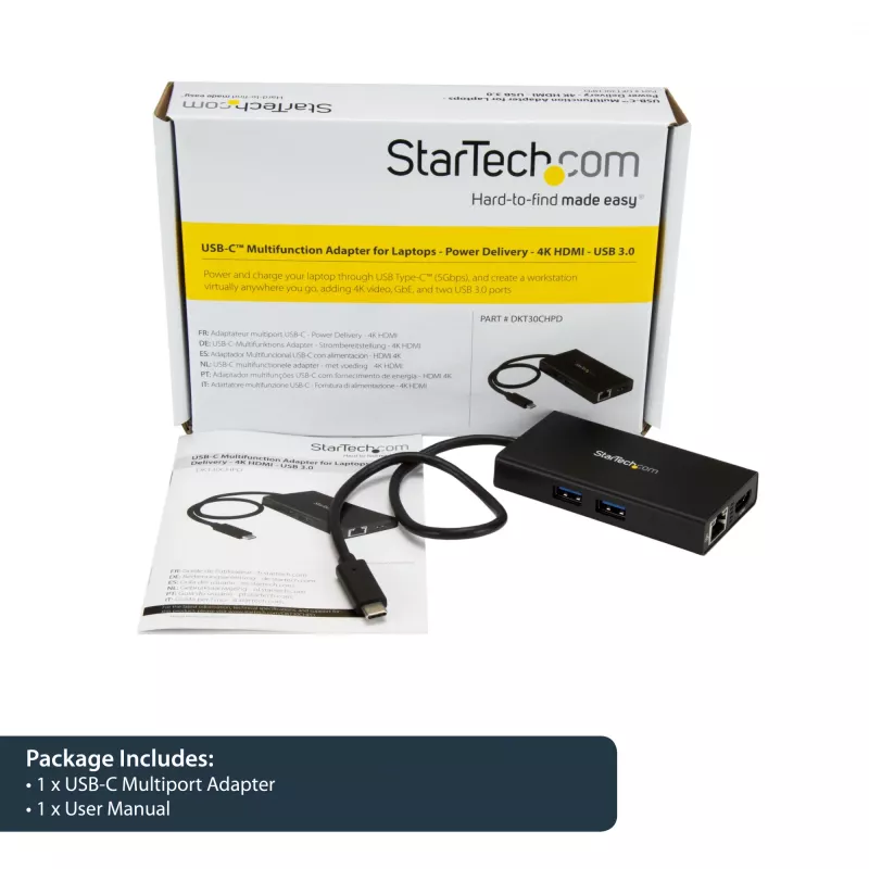 StarTech.com USB-C kelių prievadų adapteris – USB-C kelioninė prijungimo stotelė su 4K HDMI – 60 W maitinimo perdavimas, GbE, 2 prievadų USB-A 3.0 šakotuvas – nešiojama mini USB Type-C dokas nešiojamam kompiuteriui