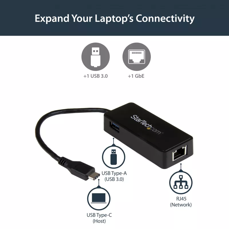 StarTech.com USB-C į gigabitinį tinklą adapteris su papildomu USB 3.0 prievadu