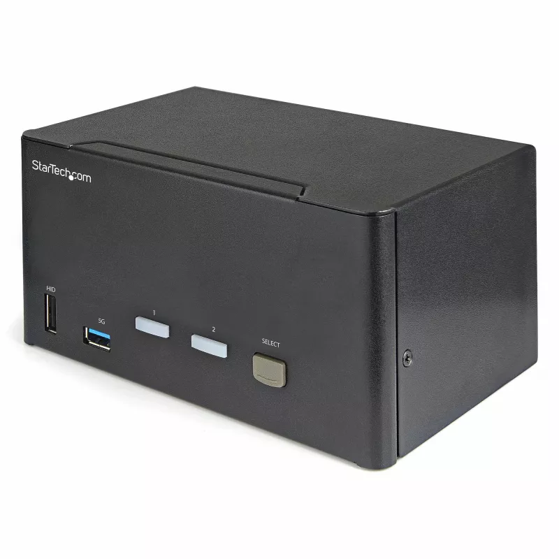StarTech.com 2 prievadų trigubo monitoriaus DisplayPort KVM jungiklis - 4K 60Hz UHD HDR - Staliniam kompiuteriui skirtas DP 1.2 KVM su 2 prievadų USB 3.0 šakotuvu (5Gbps) ir 4x USB 2.0 HID prievadais, garsas - Karštųjų klavišų perjungimas - TAA