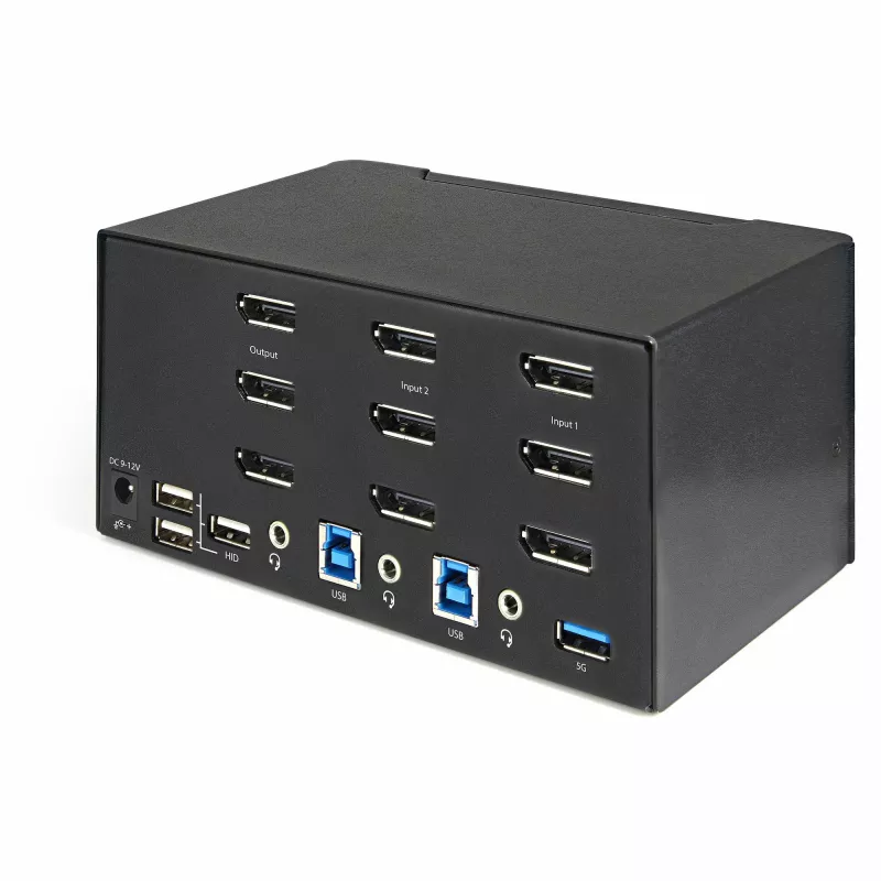 StarTech.com 2 prievadų trigubo monitoriaus DisplayPort KVM jungiklis - 4K 60Hz UHD HDR - Staliniam kompiuteriui skirtas DP 1.2 KVM su 2 prievadų USB 3.0 šakotuvu (5Gbps) ir 4x USB 2.0 HID prievadais, garsas - Karštųjų klavišų perjungimas - TAA
