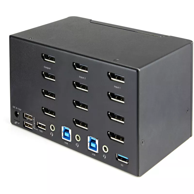 “StarTech.com” 2 prievadų keturių monitorių DisplayPort KVM jungiklis - 4K 60Hz UHD HDR - Stalinis 4K DP 1.2 KVM su 2 prievadų USB 3.0 šakotuvu (5Gbps) ir 4x USB 2.0 HID prievadais, garsas - Spartieji klavišai - TAA