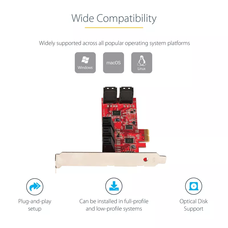 StarTech.com SATA PCIe kortelė - 10 prievadų PCIe SATA išplėtimo kortelė - 6 Gbps - žemo / pilno profilio - dėstomieji SATA lizdai - ASM1062 be RAID - PCI Express į SATA keitiklis / adapteris