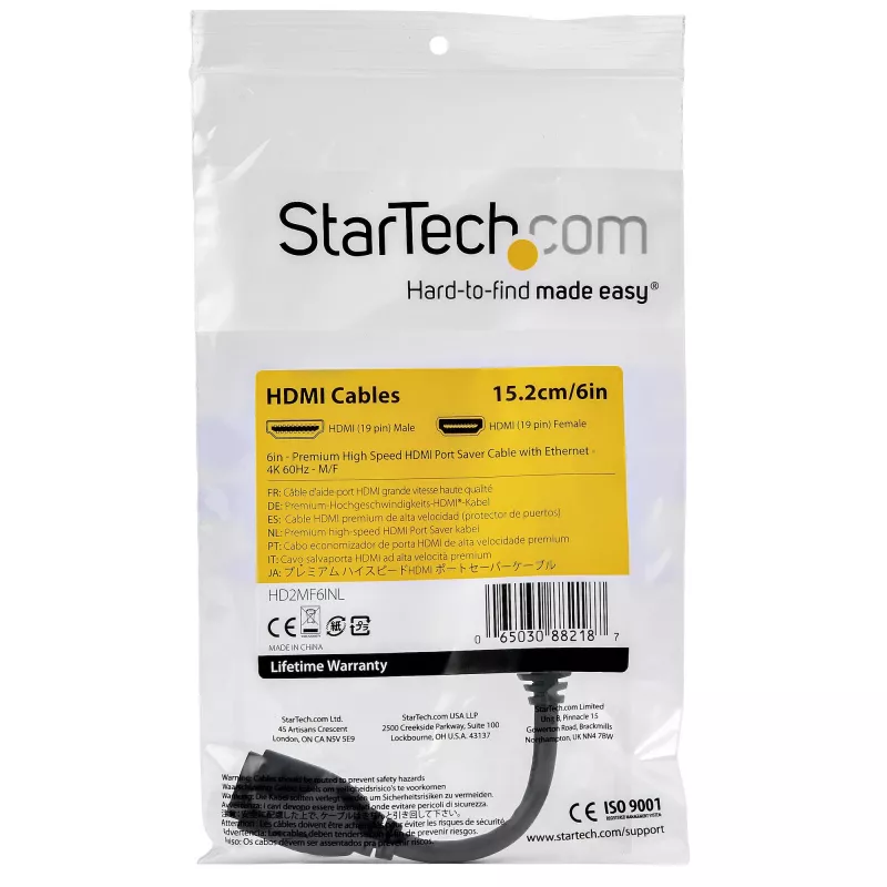 StarTech.com 6 col. (15cm) HDMI prievado apsauginis laidas – 4K 60Hz didelės spartos HDMI 2.0 prailginimo laidas su Ethernet – trumpas HDMI prailginimo laidas – HDMI kištuko į lizdą prailginimo adapterio laidas