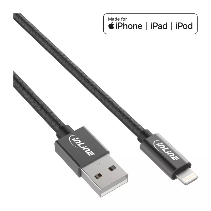 InLine Lightning USB laidas, skirtas iPad, iPhone, iPod, juodas/alu, 1 m MFi sertifikuotas