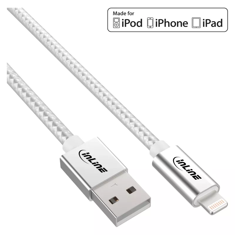 „InLine Lightning“ USB laidas, skirtas „iPad“, „iPhone“, „iPod“, sidabrinis/alu 2 m MFi sertifikuotas
