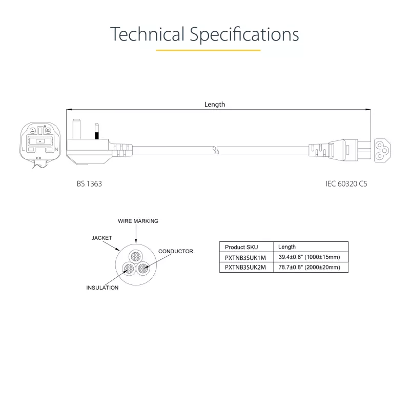 StarTech.com 6 pėdų (2 m) JK nešiojamojo kompiuterio maitinimo laidas, BS 1363 į C5 (dobilėlio), 2,5 A 250 V, 18AWG, JK nešiojamojo kompiuterio atsarginis laidas, spausdintuvo maitinimo laidas, nešiojamojo kompiuterio įkroviklio laidas, nešiojamojo kompiuterio maitinimo bloko laidas