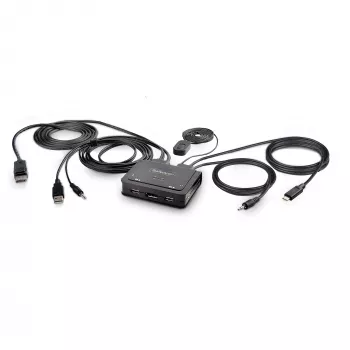 StarTech.com 2 prievadų hibridinis USB-C DisplayPort kabelio KVM jungiklis, 4K 60 Hz, kompaktiškas KVM su integruotais 1,8 m USB-A/DisplayPort/garso ir 1,2 m USB-C prieglobos kabeliais, maitinamas iš magistralės – nuotolinis mygtukas / karštųjų klavišų perjungimas