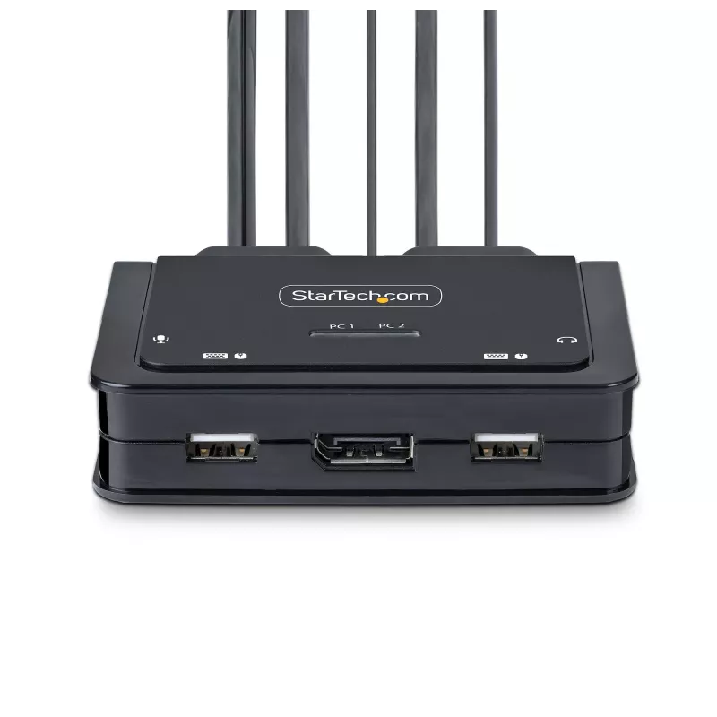 StarTech.com 2 prievadų hibridinis USB-C DisplayPort kabelio KVM jungiklis, 4K 60 Hz, kompaktiškas KVM su integruotais 1,8 m USB-A/DisplayPort/garso ir 1,2 m USB-C prieglobos kabeliais, maitinamas iš magistralės – nuotolinis mygtukas / karštųjų klavišų perjungimas