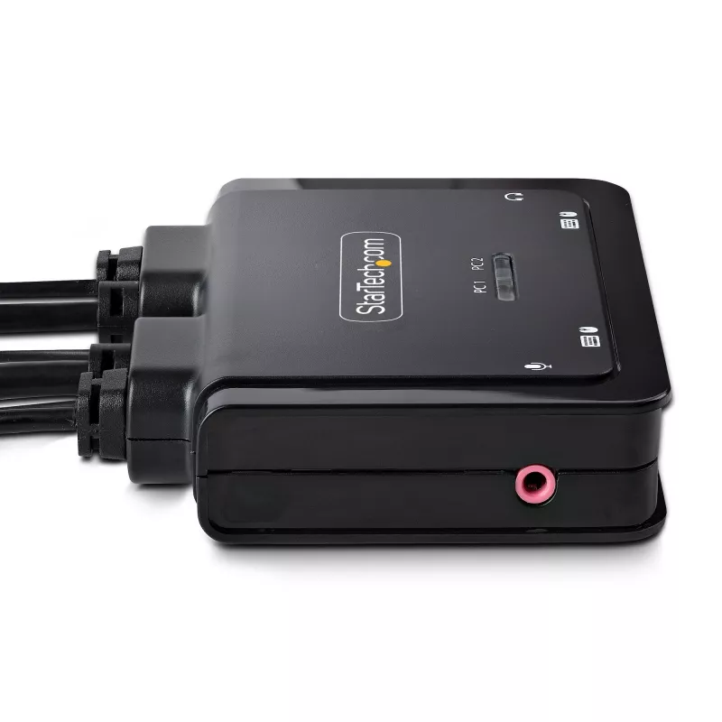 StarTech.com 2 prievadų hibridinis USB-C DisplayPort kabelio KVM jungiklis, 4K 60 Hz, kompaktiškas KVM su integruotais 1,8 m USB-A/DisplayPort/garso ir 1,2 m USB-C prieglobos kabeliais, maitinamas iš magistralės – nuotolinis mygtukas / karštųjų klavišų perjungimas