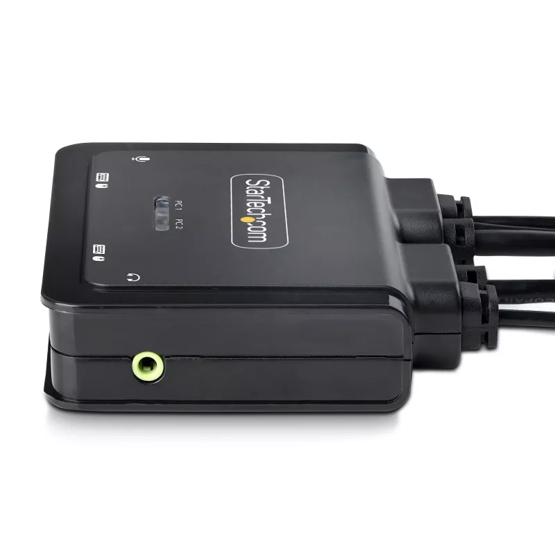 StarTech.com 2 prievadų hibridinis USB-C DisplayPort kabelio KVM jungiklis, 4K 60 Hz, kompaktiškas KVM su integruotais 1,8 m USB-A/DisplayPort/garso ir 1,2 m USB-C prieglobos kabeliais, maitinamas iš magistralės – nuotolinis mygtukas / karštųjų klavišų perjungimas